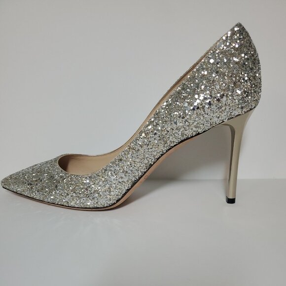 Jimmy Choo Romy Stilletto 85/100mm Champagne Glitter Pointed-Toe Pump - Picture 3 of 16